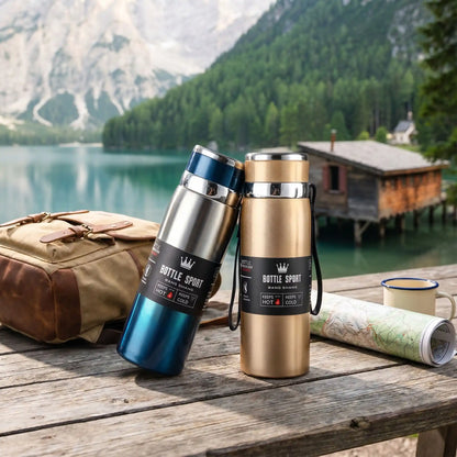 gourde isotherme sport bleu doree sur table sac randonnee carte tasse a cote