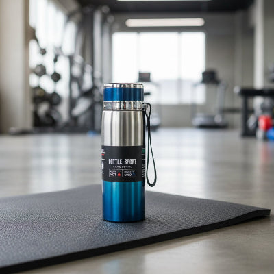 gourde isotherme sport bleu sur tapis sport