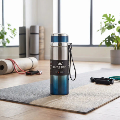gourde isotherme sport bleu sur tapis sport