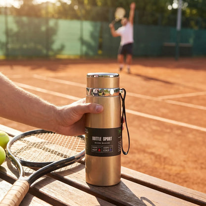 gourde isotherme sport doree tenue par un homme fesant le tennis