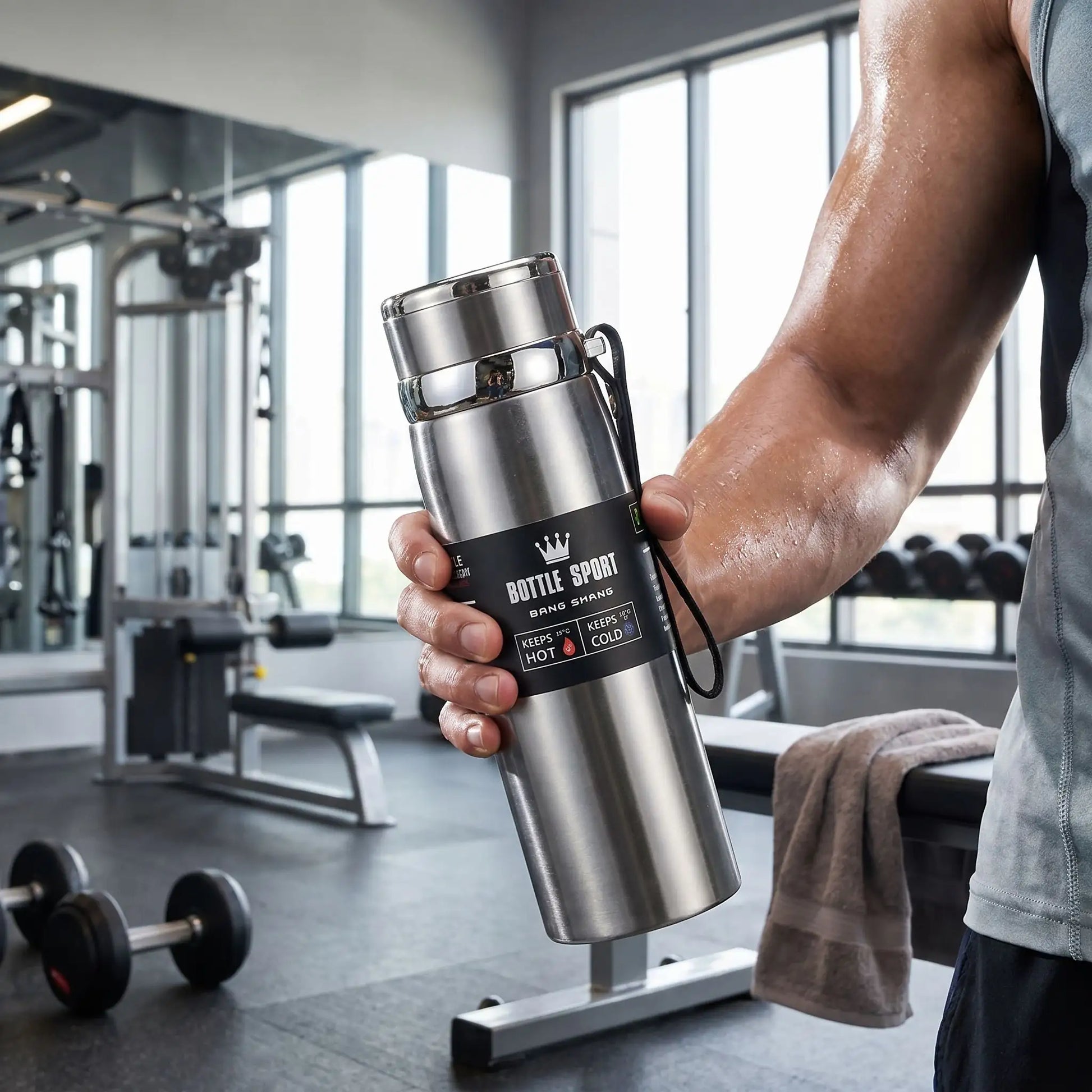 gourde isotherme sport grise tenue par homme a la salle de sport