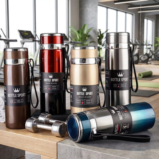 gourde isotherme sport marron rouge doree grise bleu a la salle de sport