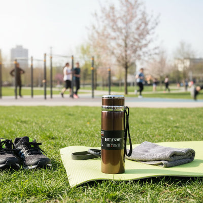 gourde isotherme sport marron sur tapis  serviette gazon a cote