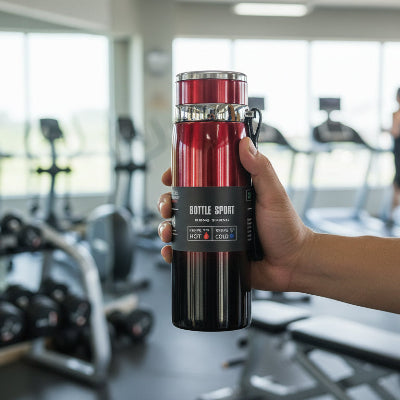 gourde isotherme sport rouge tenue par une personne en salle de sport