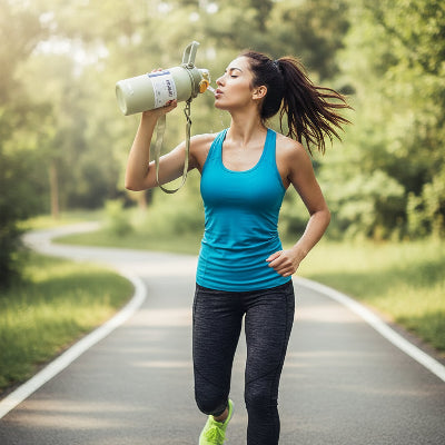 gourde isotherme un litre verte tenue par une femme fesant sport