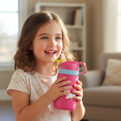 gourde sotherme enfant rouge tenue par une jeune fille souriante