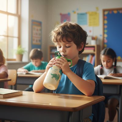 gourde isotherme enfant verte en salle de classe