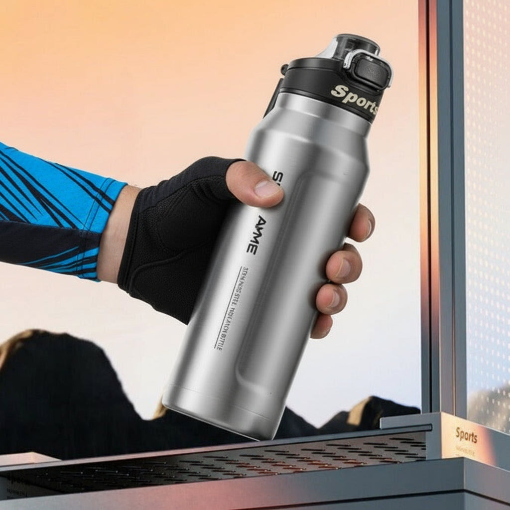 gourdes isotherme 1l sport grise tenue par un cycliste