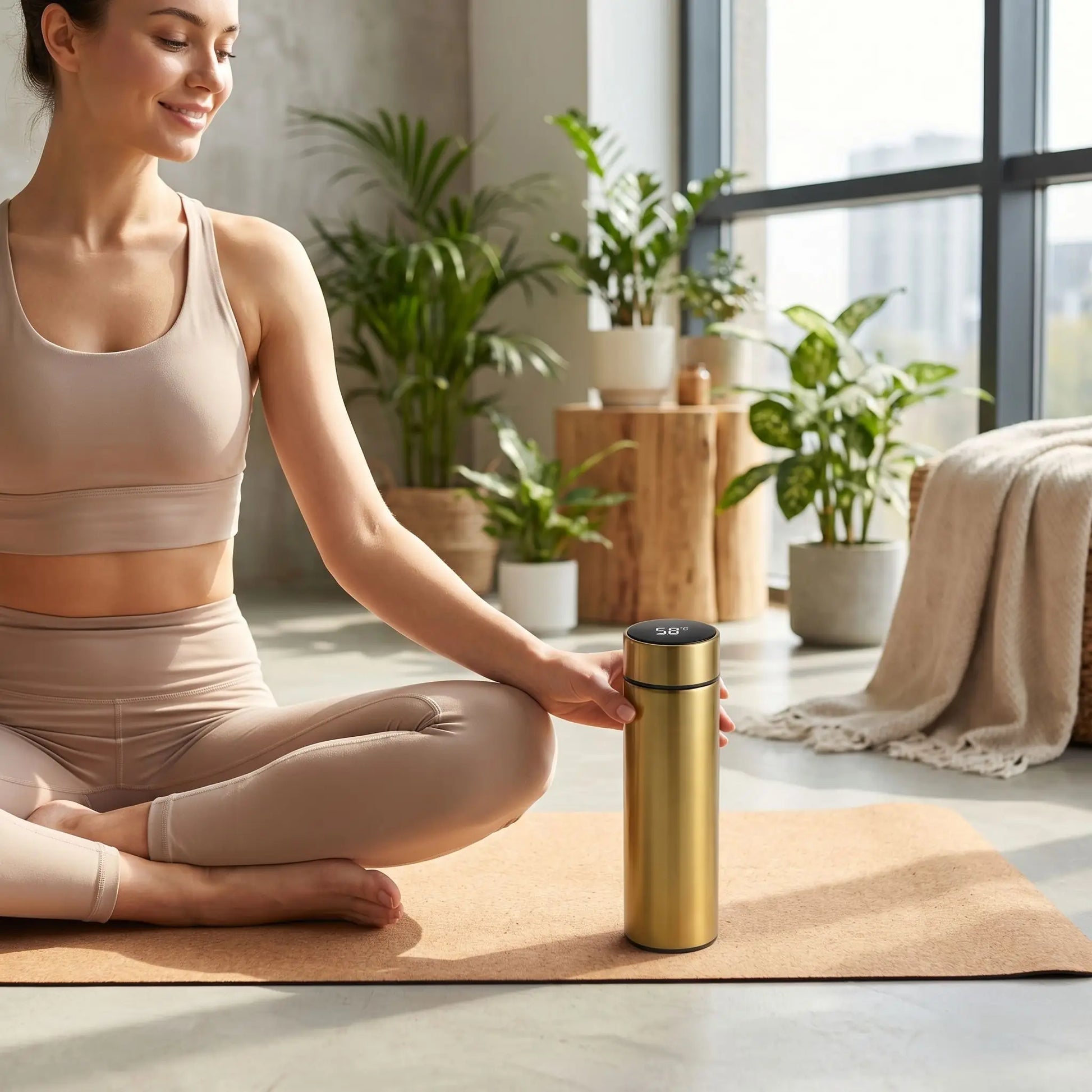 gourdes isotherme doree sur tapis yoga femme a cote