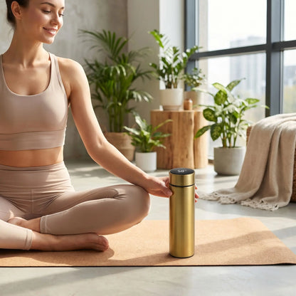 gourdes isotherme doree sur tapis yoga femme a cote