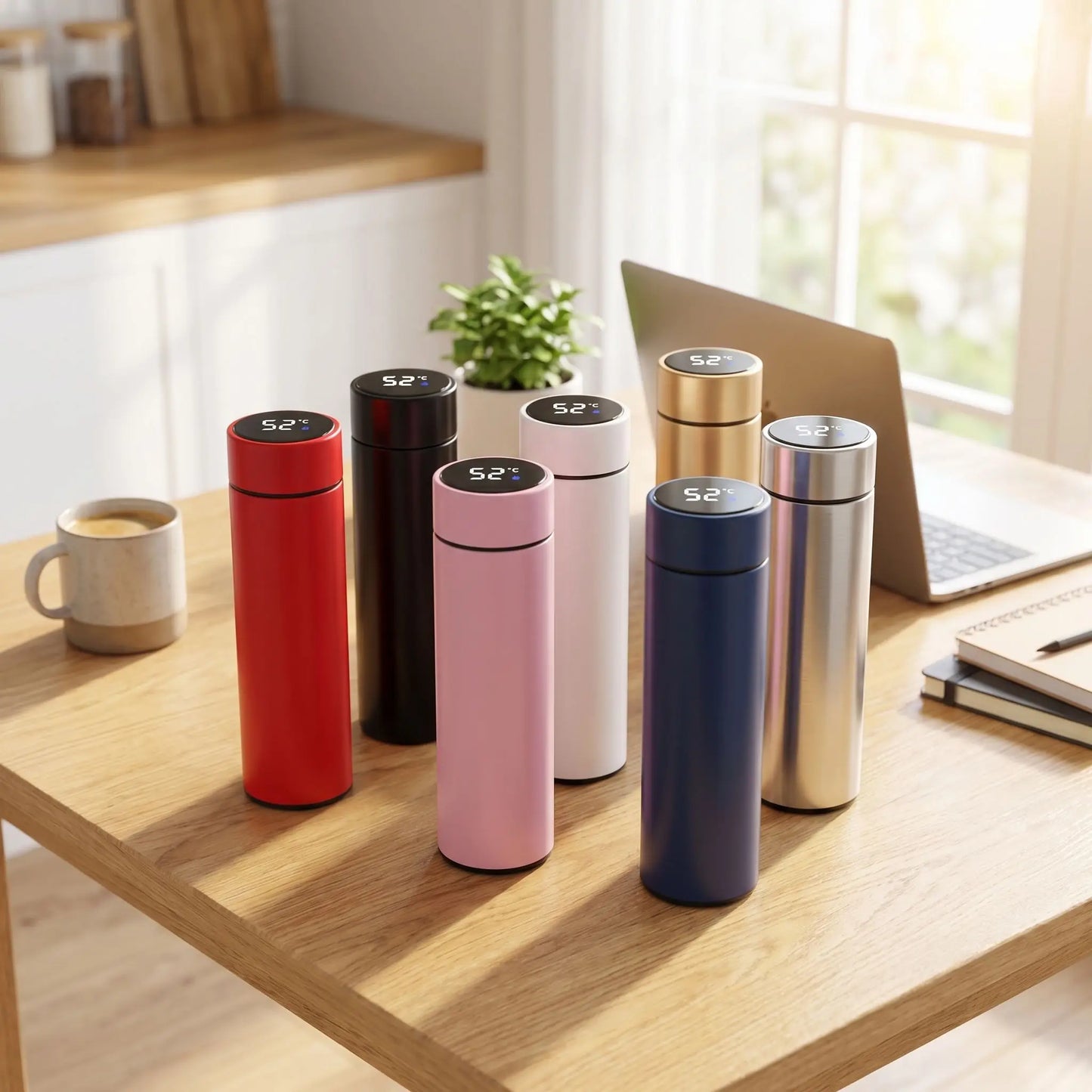 gourdes isotherme noire rouge bleu rose blanche doree grise sur table bois cafe ordi cahier a cote