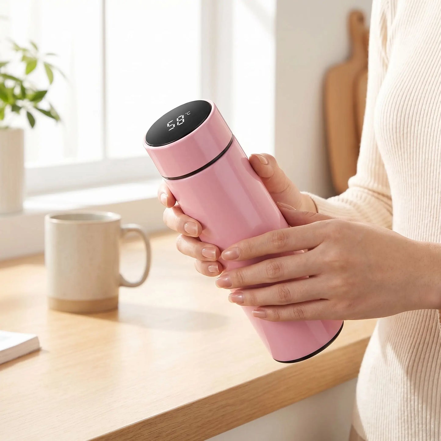 gourdes isotherme rose tenue par une femme en cuisine
