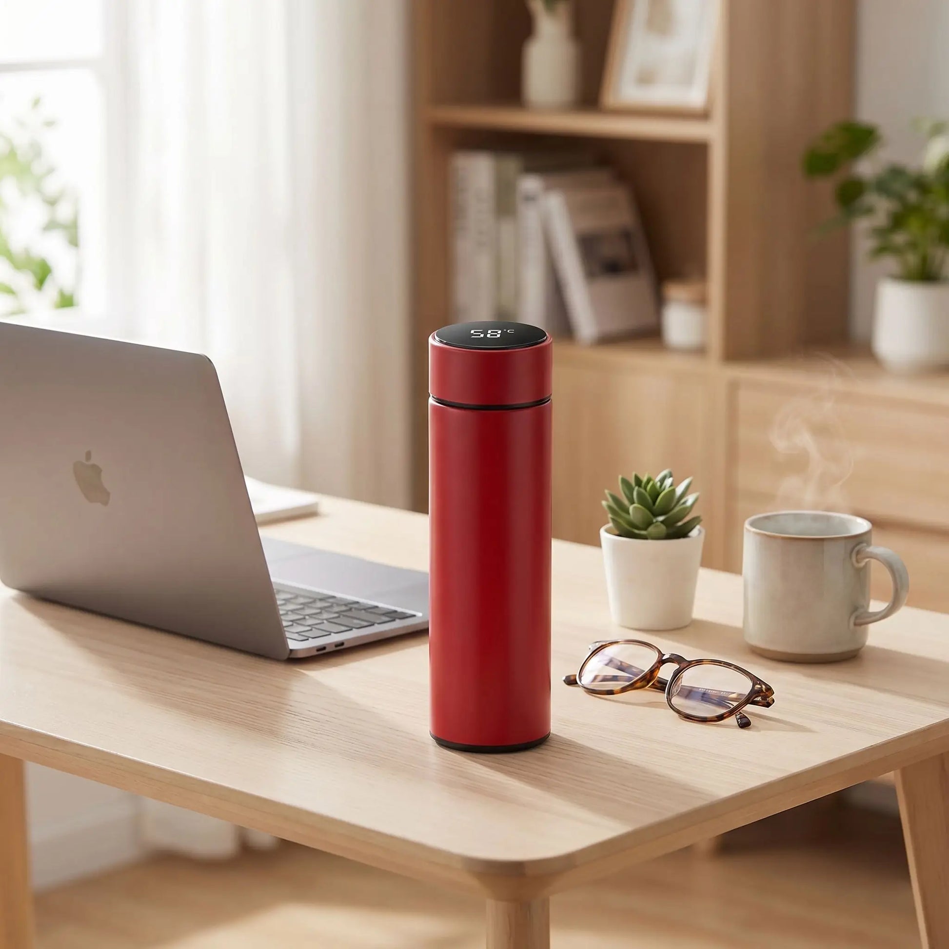 gourdes isotherme rouge sur bureau ordinateur tasse cafe lunette a cote