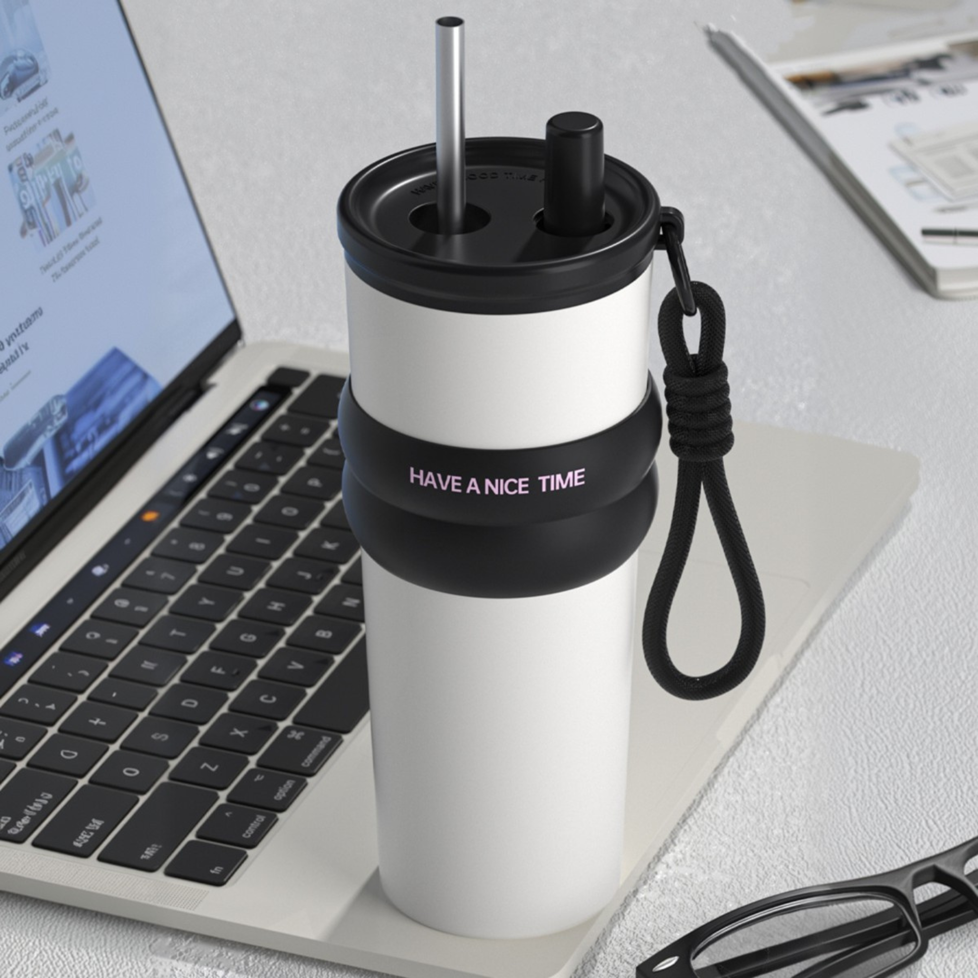 gourdes isothermes noire et blanc sur ordinateur pose sur table