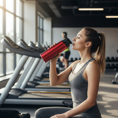 gourdes isothermes rouge tenue par une femme à la salle de sport