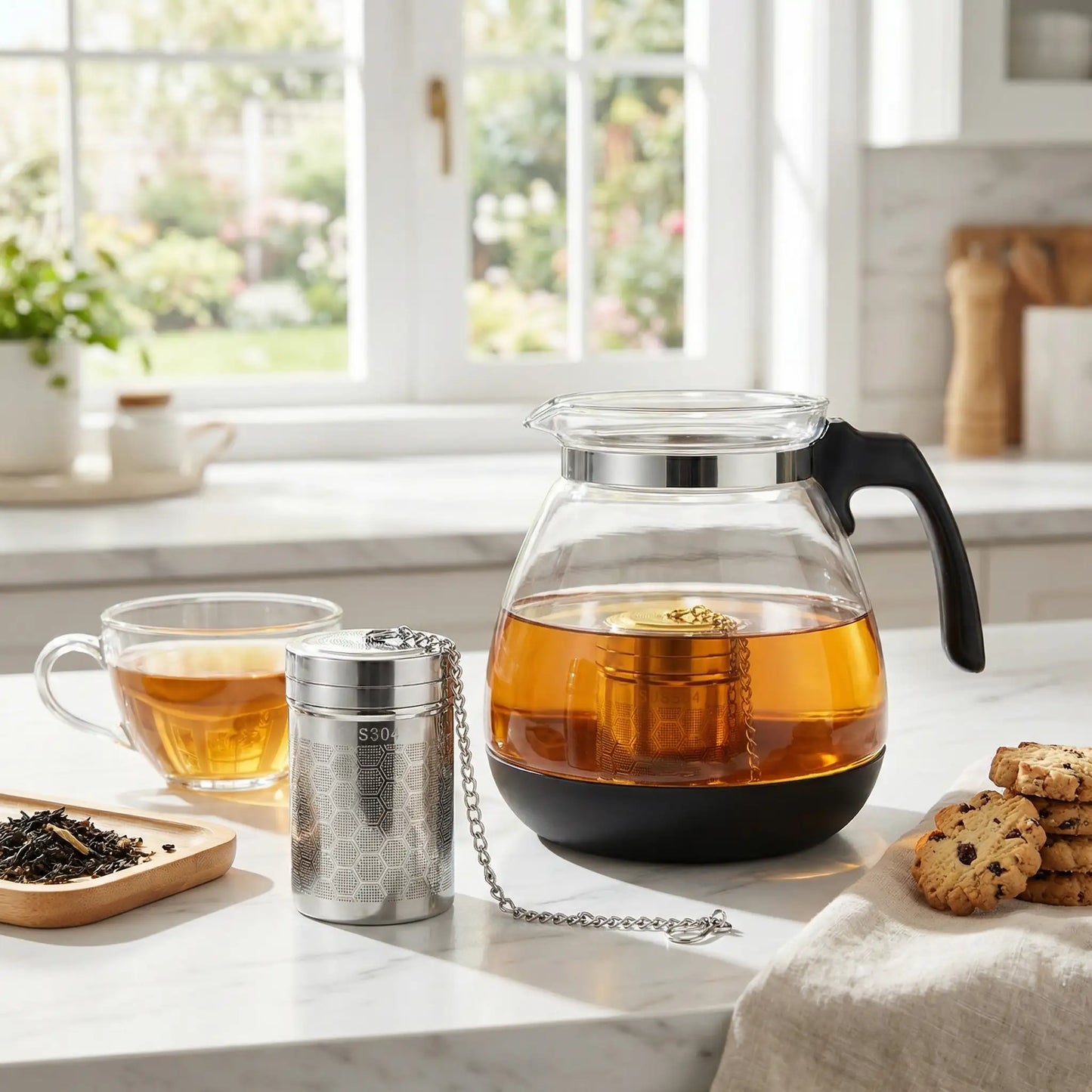infuseur à thé dans theière cookies tasse thé sur table cuisine