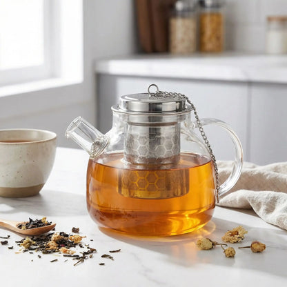 infuseur à thé dans theiere tasse cuillere bois fleur thé sec en décor