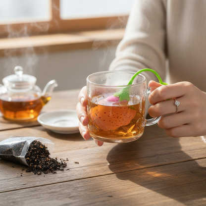 infuseur à the utilise par une femme tenant sa tasse de thé