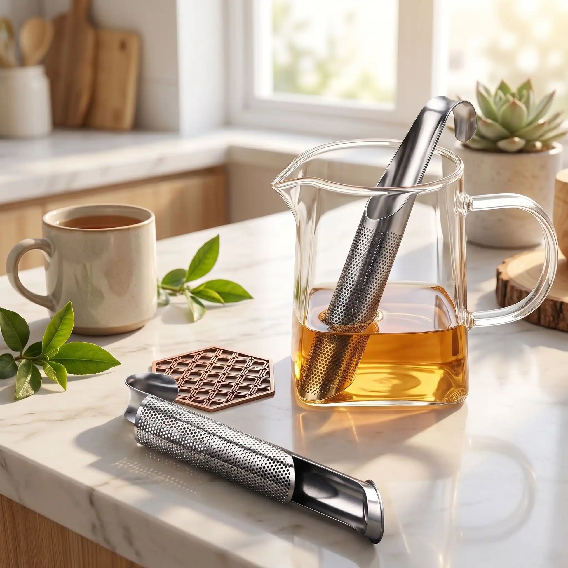 infuseur thé dans thèiere sur table cuisine tasse fleur en décor