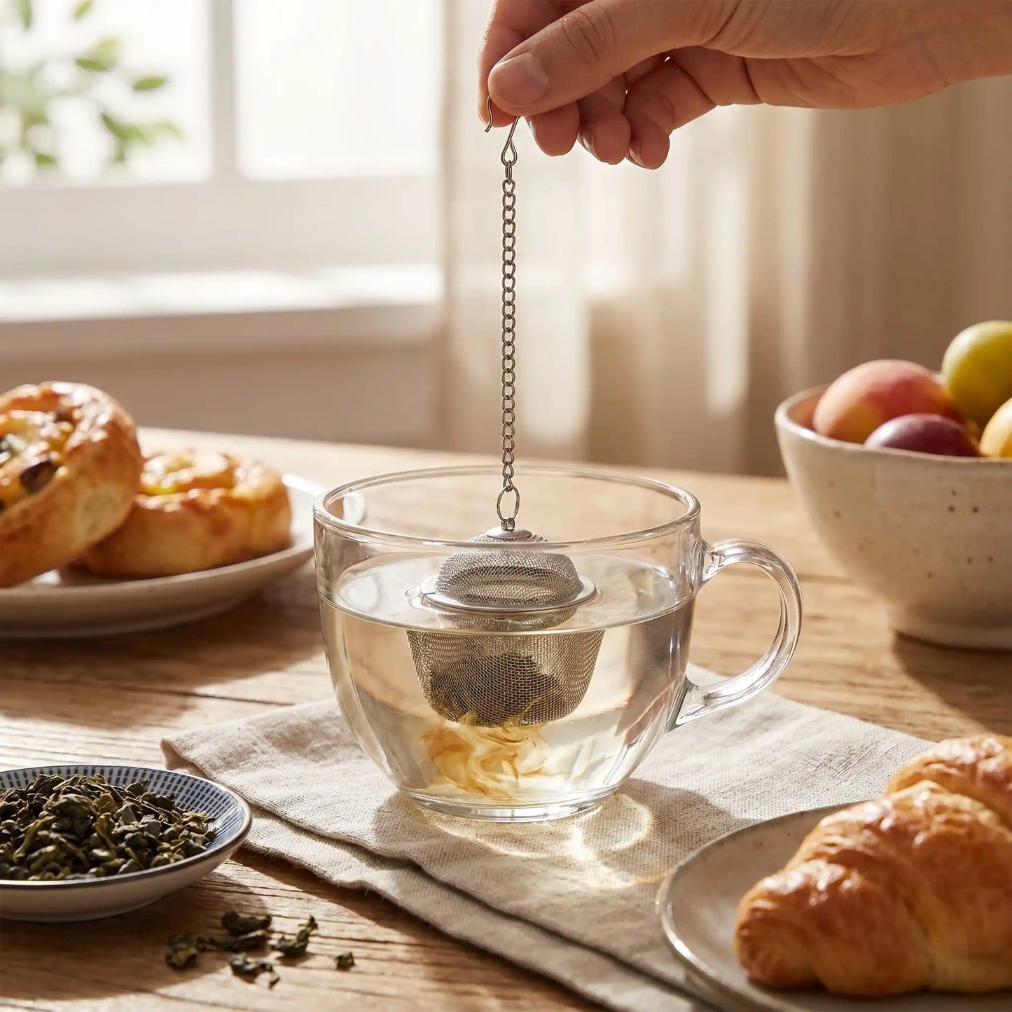 infuseur the au petit dejeuner utilisé par une personne viennoiserie bol the en vrac et fruit à coté