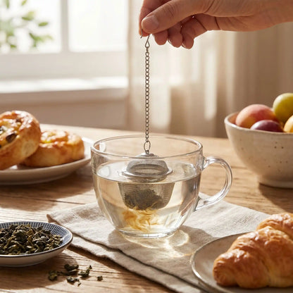 infuseur the au petit dejeuner utilisé par une personne viennoiserie bol the en vrac et fruit à coté