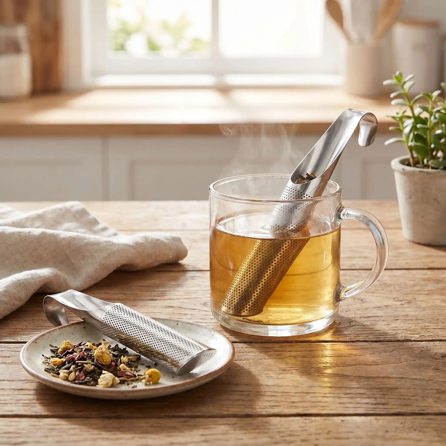 infuseur thé dans tasse thé fumante en cuisine sur table bois