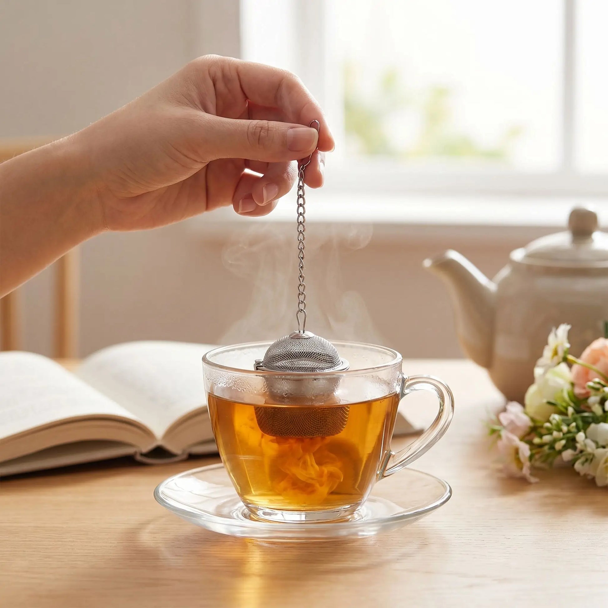 infuseur the utilisé dans tasse théière fleur livre en décor