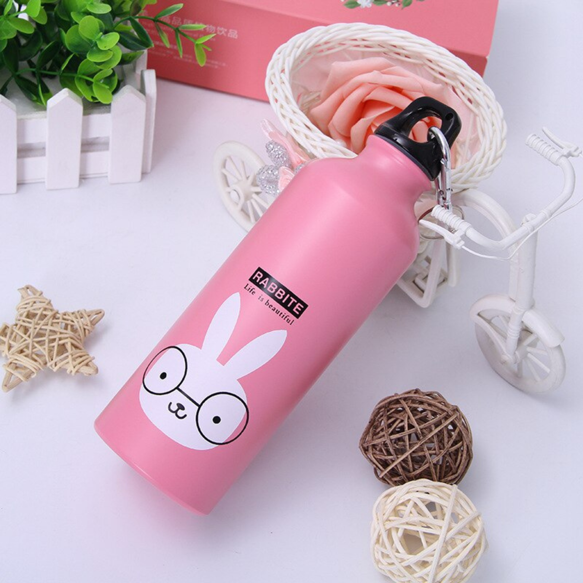 isotherme bouteille rose lapin boule étoile mini carosse fleur en décor