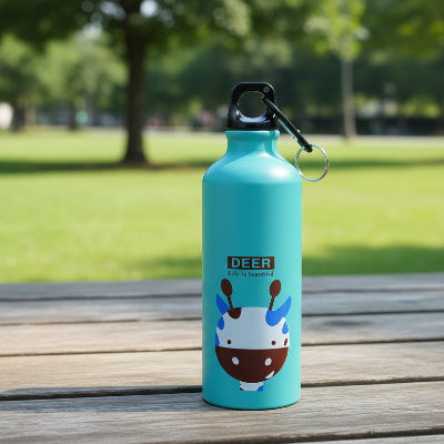 isotherme bouteille verte cerf sur table au parc