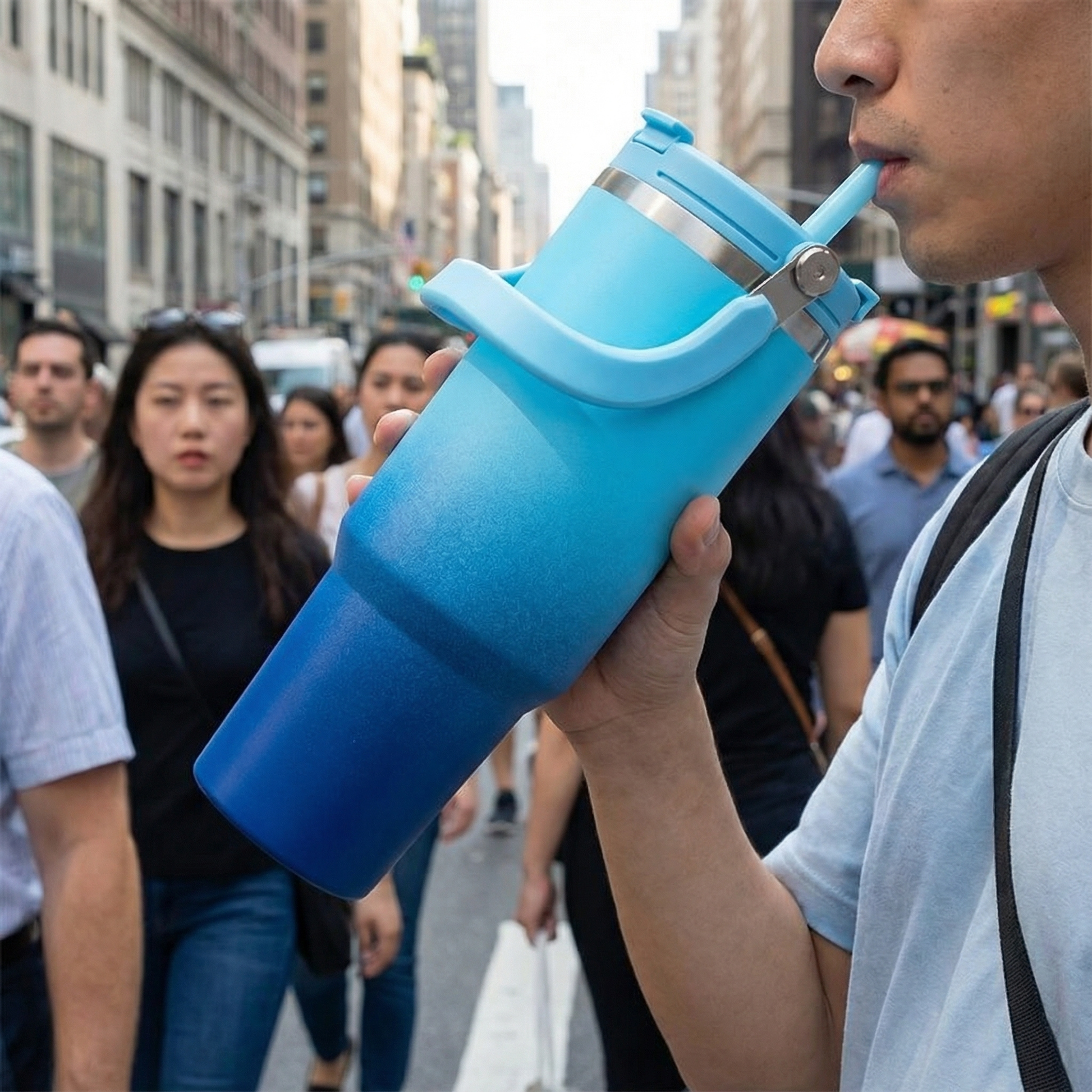 mug etanche isotherme bleu utilisé par un homme en ville