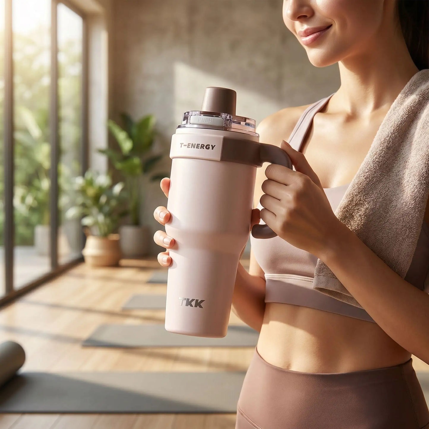 mug etanche isotherme rose tenue par une femme au yoga