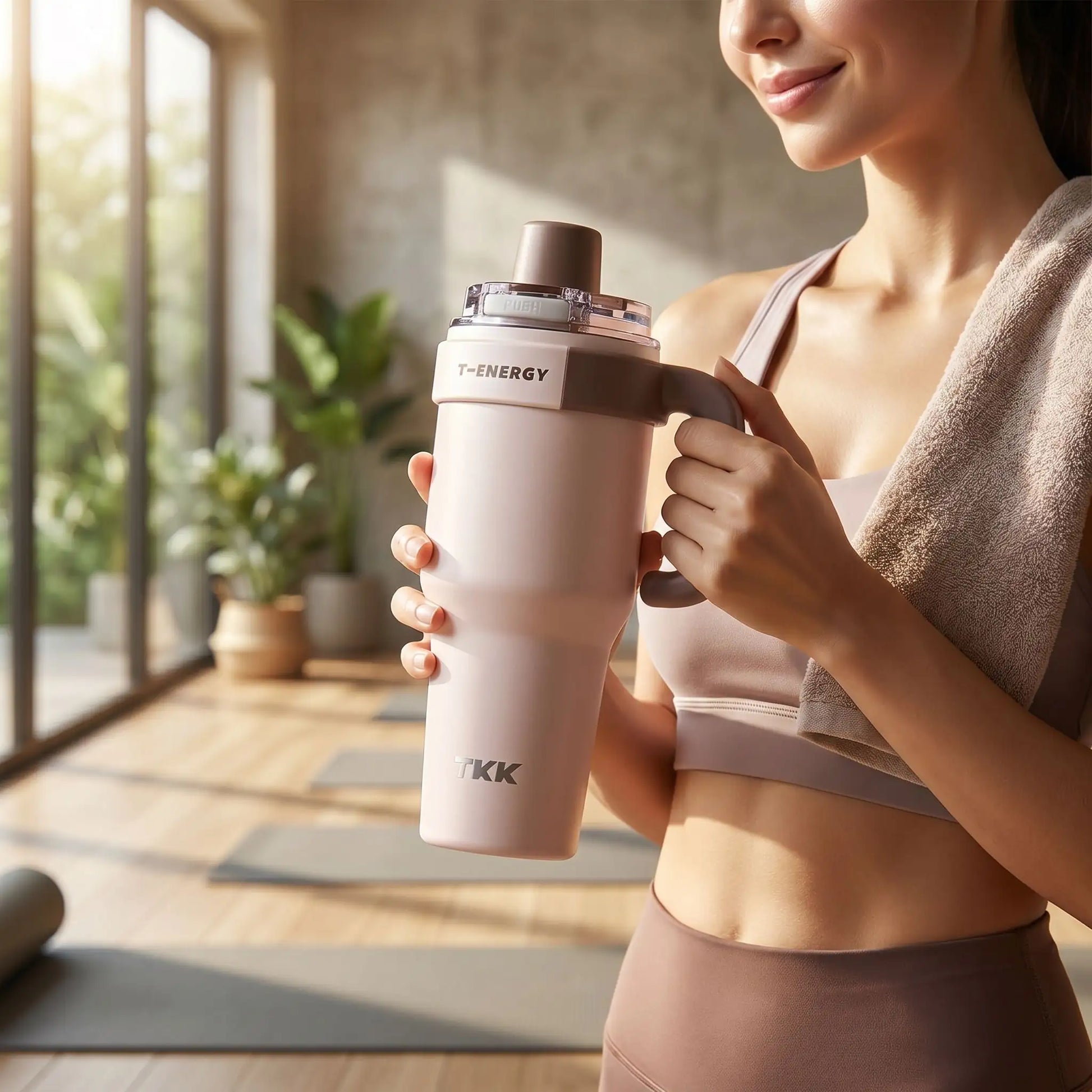 mug etanche isotherme rose tenue par une femme au yoga