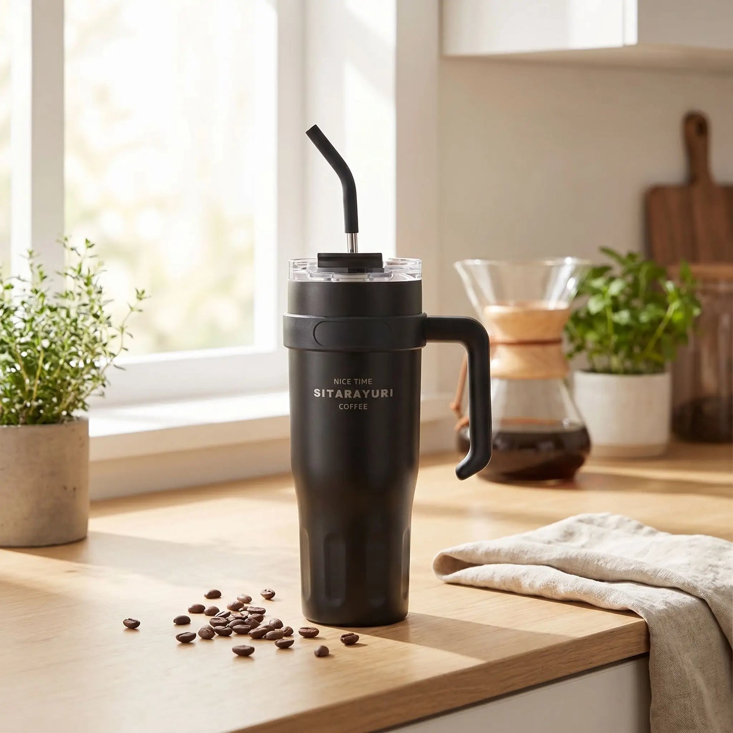 mug isotherme avec paille noire sur table cuisine grain café en décor