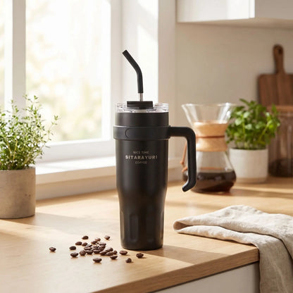 mug isotherme avec paille noire sur table cuisine grain café en décor