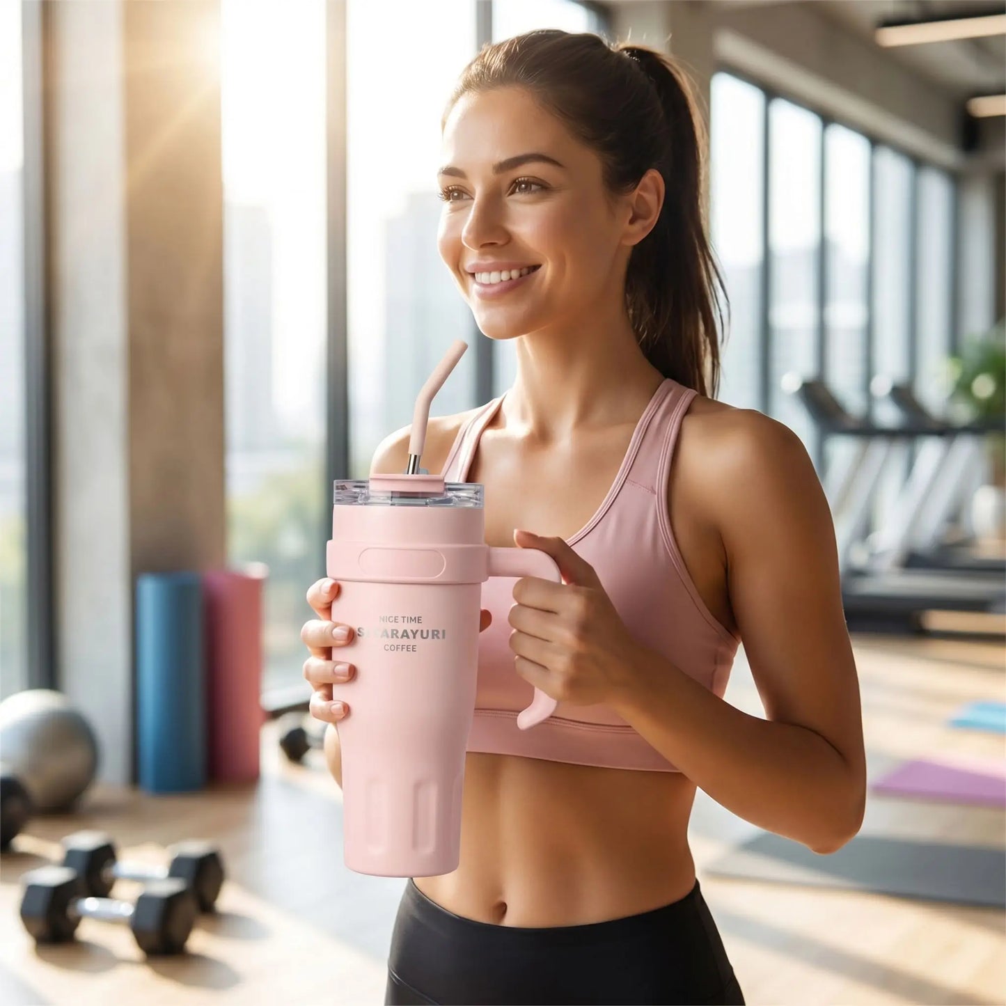 mug isotherme avec paille rose tenue par une femme à la salle de gym
