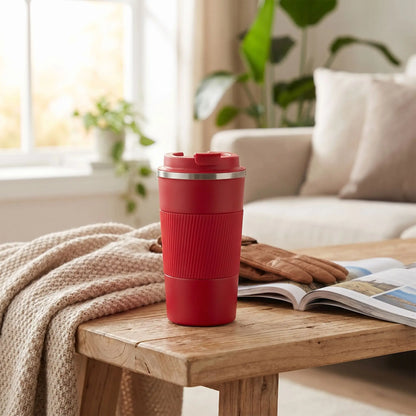 mug isotherme café rouge sur table bois au salon