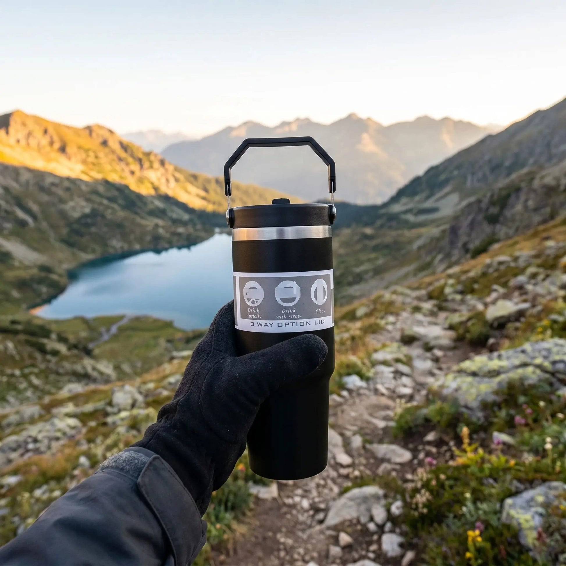mug isotherme de voyage tenue par un randonneur