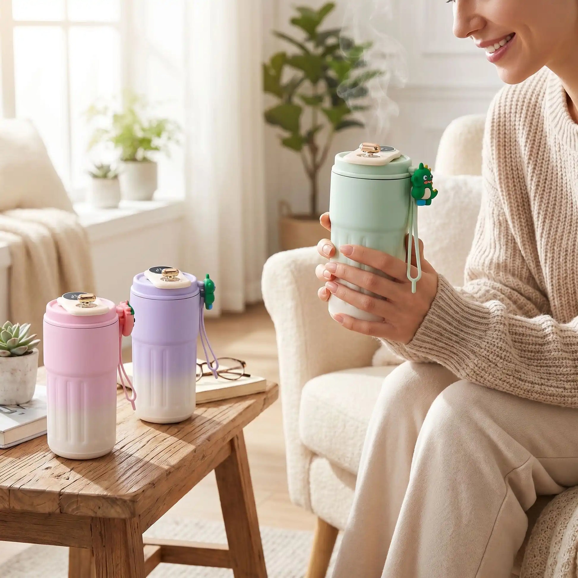 mug-isotherme-mauve-et-rose-sur-table-femme-tenant-mug-vert