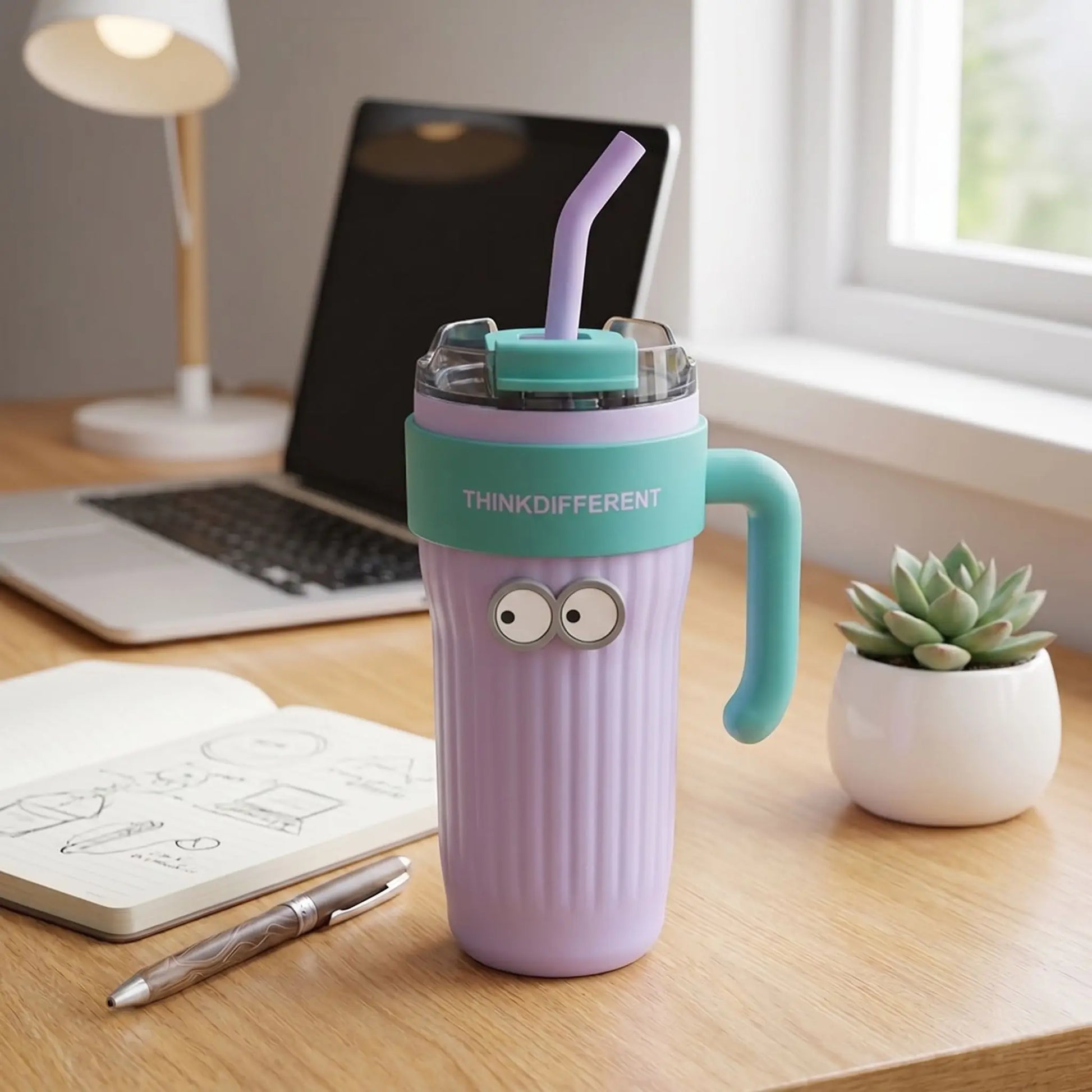 mug isotherme paille mauve sur bureau ordi carnet pot fleur a cote