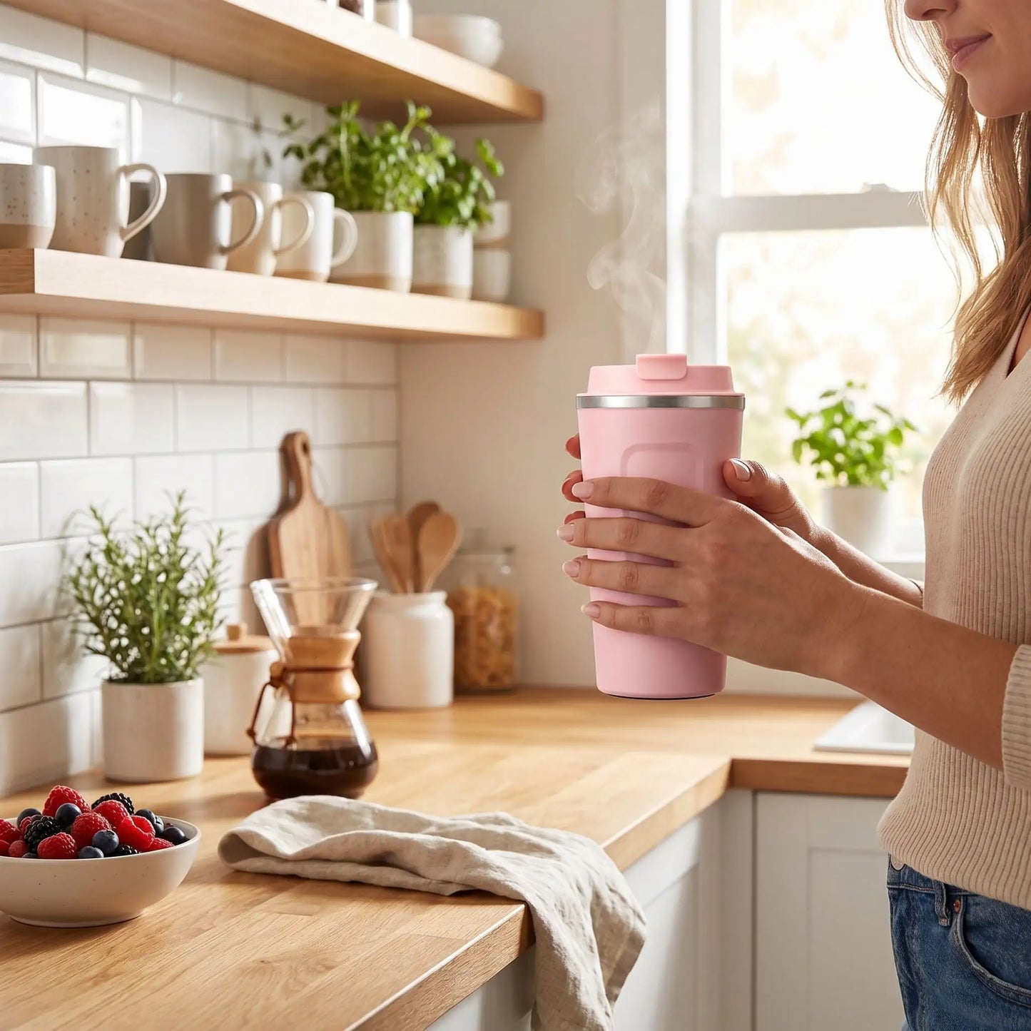 mug isotherme rose tenue par une femme en cuisine