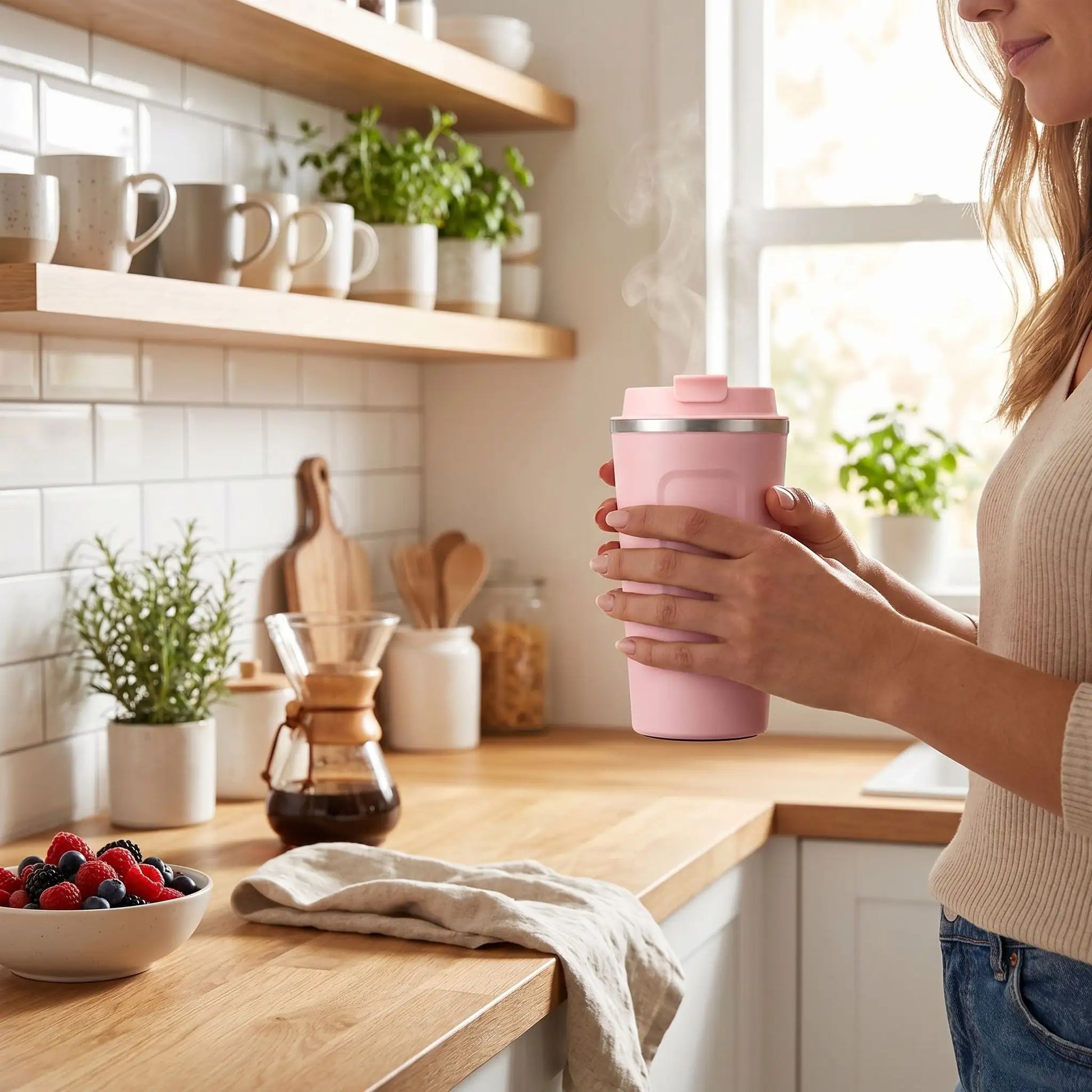 mug isotherme rose tenue par une femme en cuisine