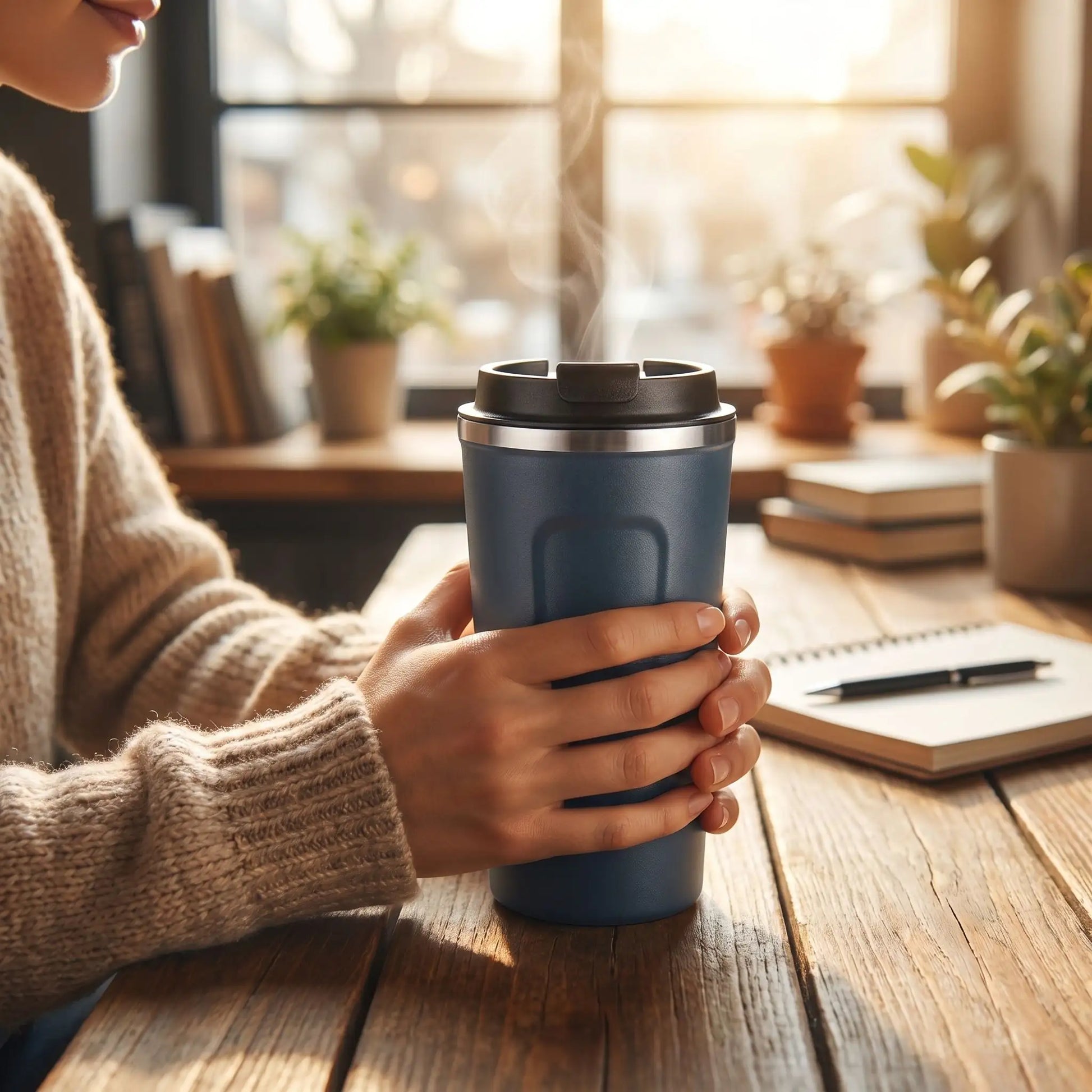 mug isothermes bleu tenue par une femme