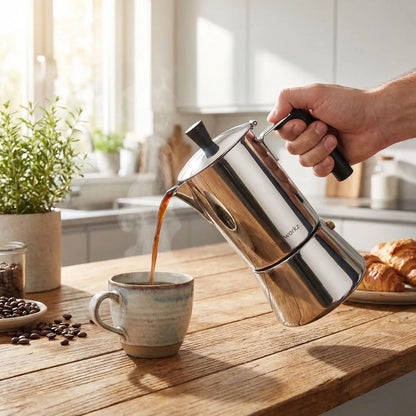 personne en cuisine servant cafe dans tasse avec cafetière italienne pour induction croissant grain cafe a cote