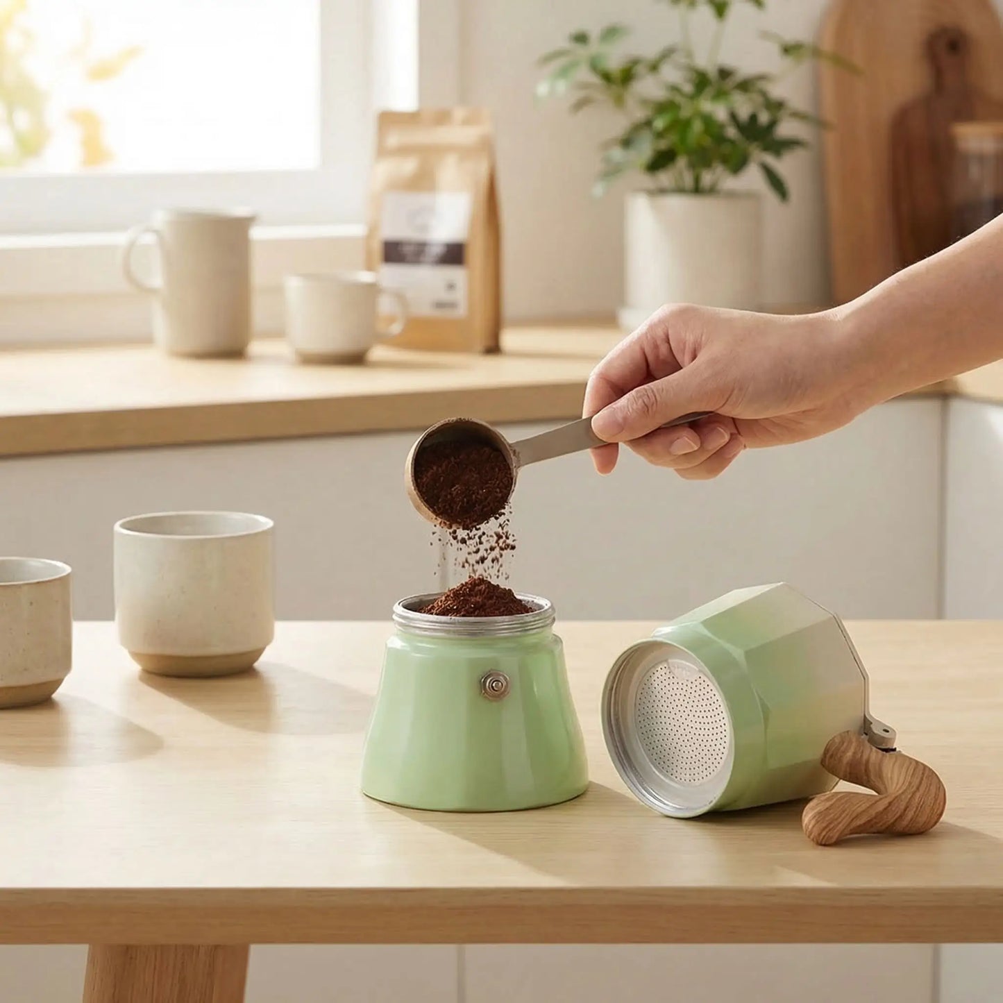 personne mettant cafe moulu dans cafetiere expresso italienne pour preparer son cafe en cuisine