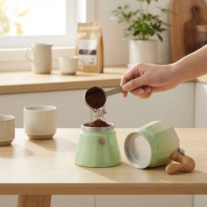 personne mettant cafe moulu dans cafetiere expresso italienne pour preparer son cafe en cuisine