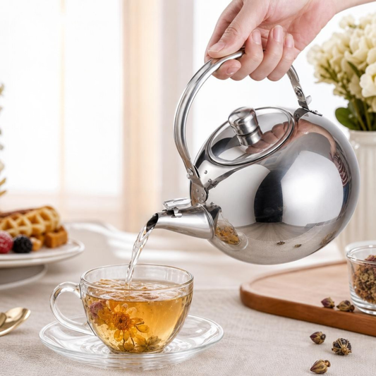 personne servant thé avec bouilloire en inox au petit dejeuner