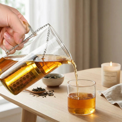 personne servant thé dans tasse utilisant infuseur à thé bougie thé en vrac à coté