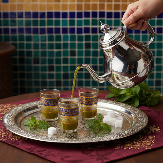 personne tenant theiere marocaine argentee servantthe a la tradition marocaine