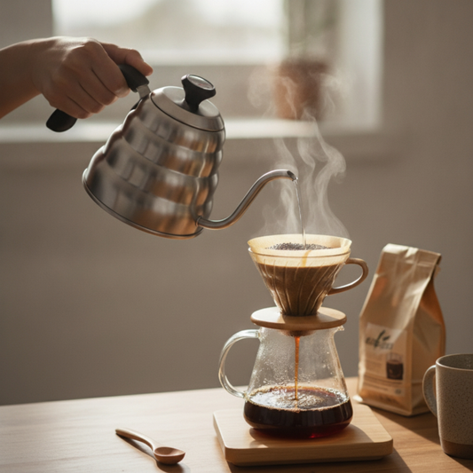 personne utilisant bouilloire design versant eau chaude dans filtre café