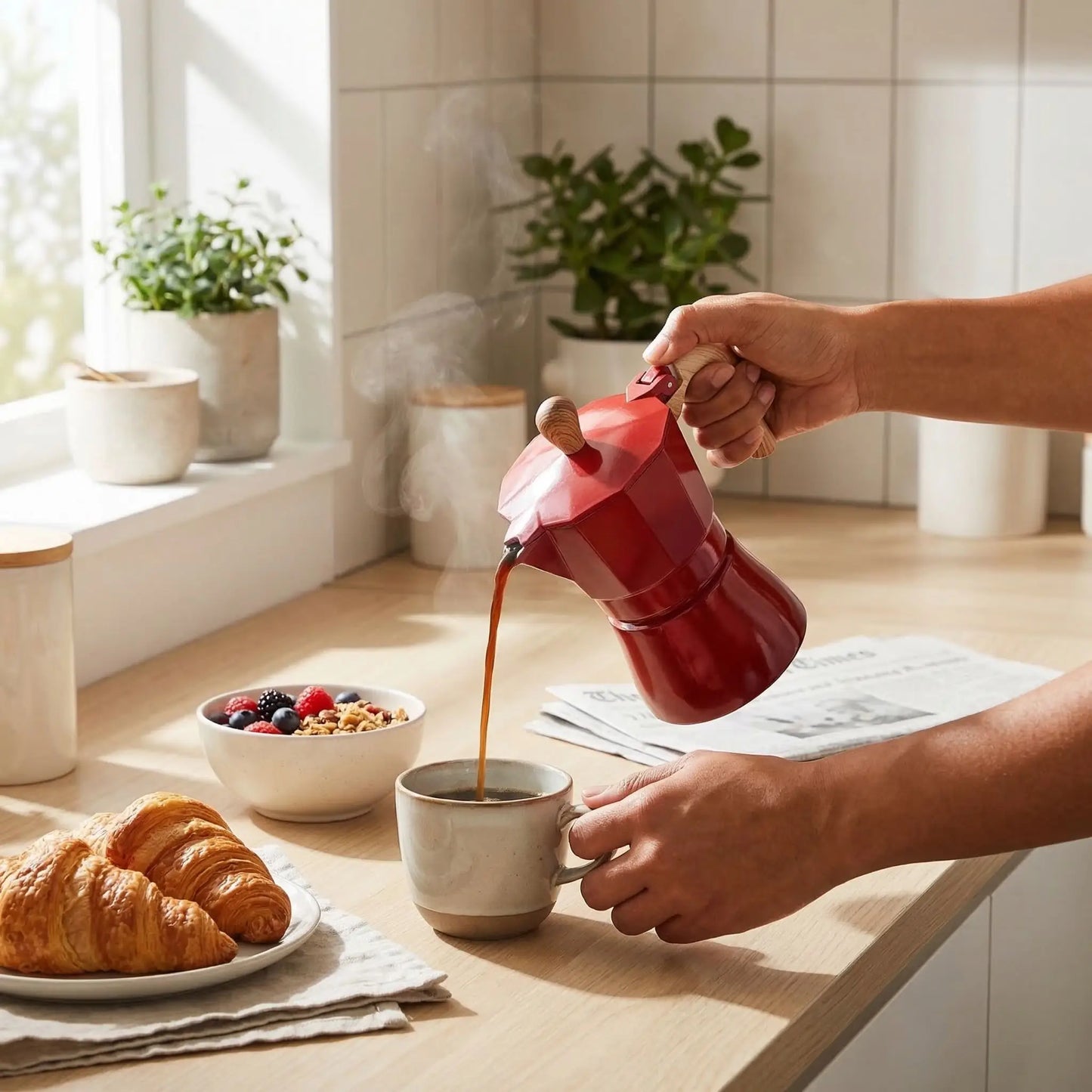 personne utilisant cafetiere expresso italienne au petit dejeuner